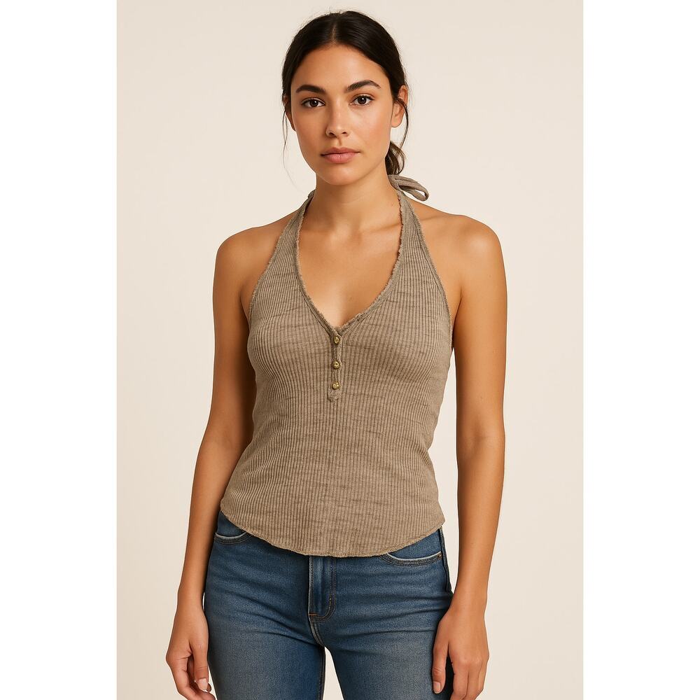 Pilcro Ribbed Halter Button Tank Top neutral taupe-gray XS